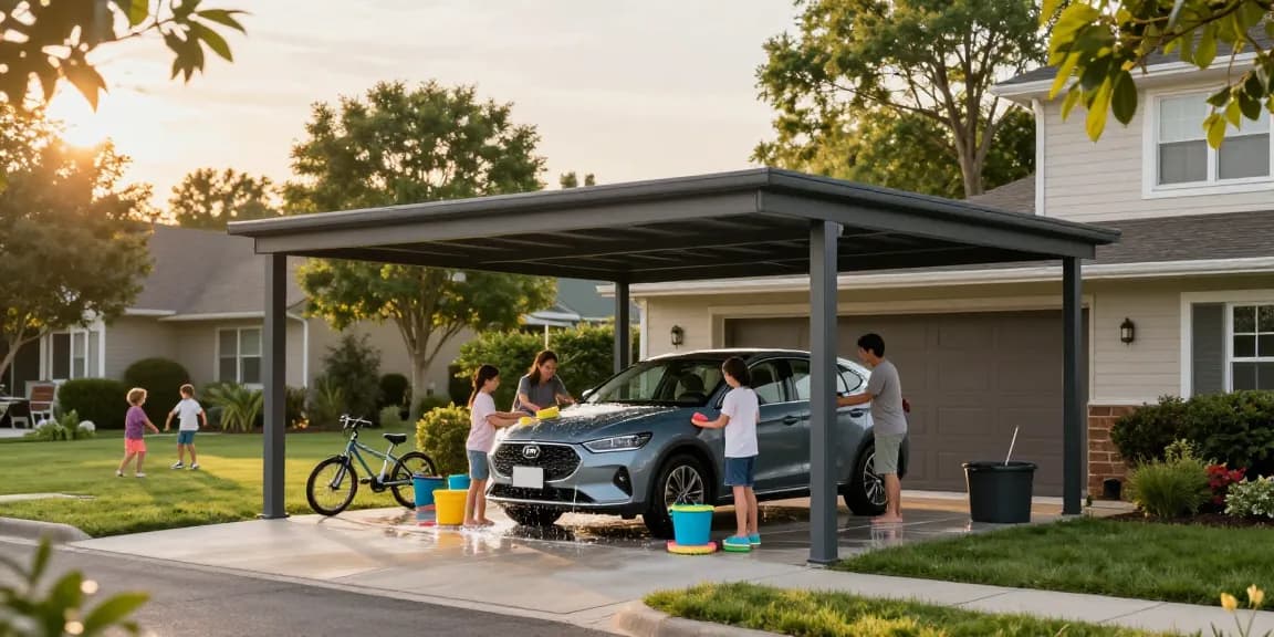 Moderne Carport-Szene mit Familie, die ihr Auto unter dem Schutz wäscht, während Kinder im Hintergrund spielen.