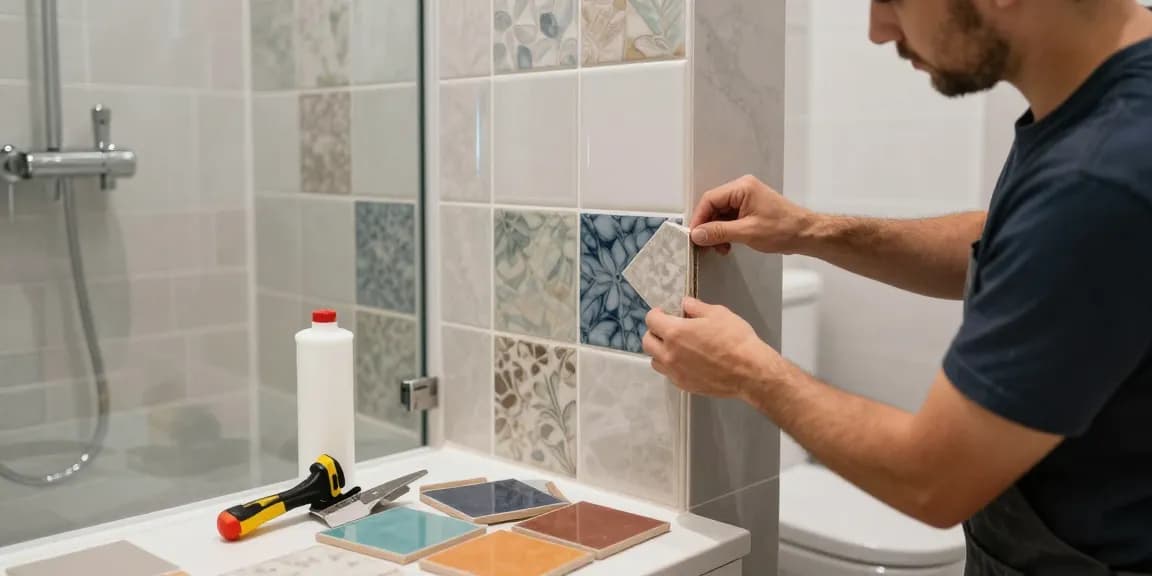 Professioneller Fliesenleger in Heidelberg und Umgebung verlegt stilvolle Badfliesen in modernem Badezimmer.
