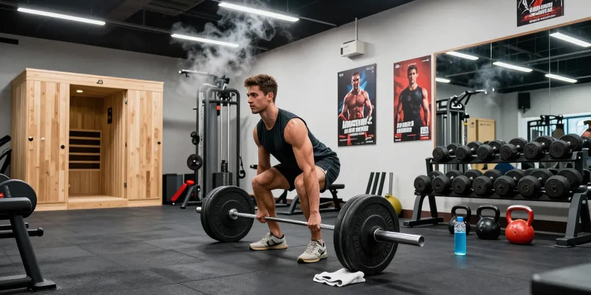 Sportler hebt intensiv Gewichte in einem Anabolika Shop Fitnessstudio und zeigt Fitnessgeräte sowie motivierende Dekoration.