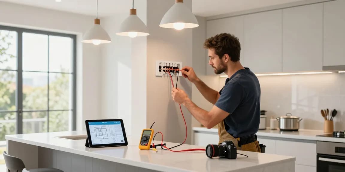 Günstiger Elektriker in Essen installiert moderne Lichttechnik in einer stilvollen Küche