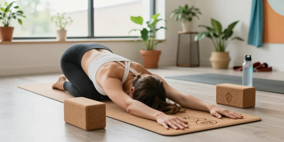Personalized cork yoga mat set with block in a bright yoga studio