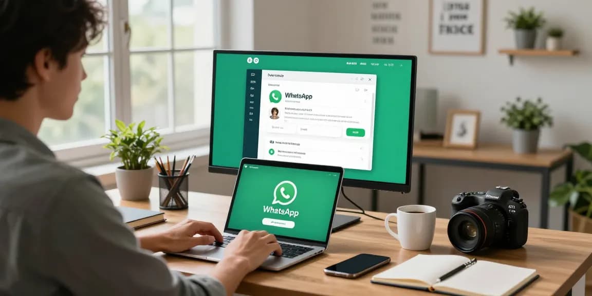 Working on WhatsApp電腦版 with stylish home office setup, showcasing productivity.