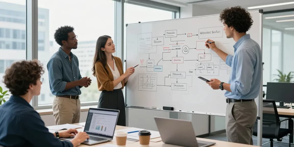 Dynamisches Büromeeting mit verschiedenen Fachleuten, die Webstrategien besprechen, und dabei Web Berater und Website Berater betonen.