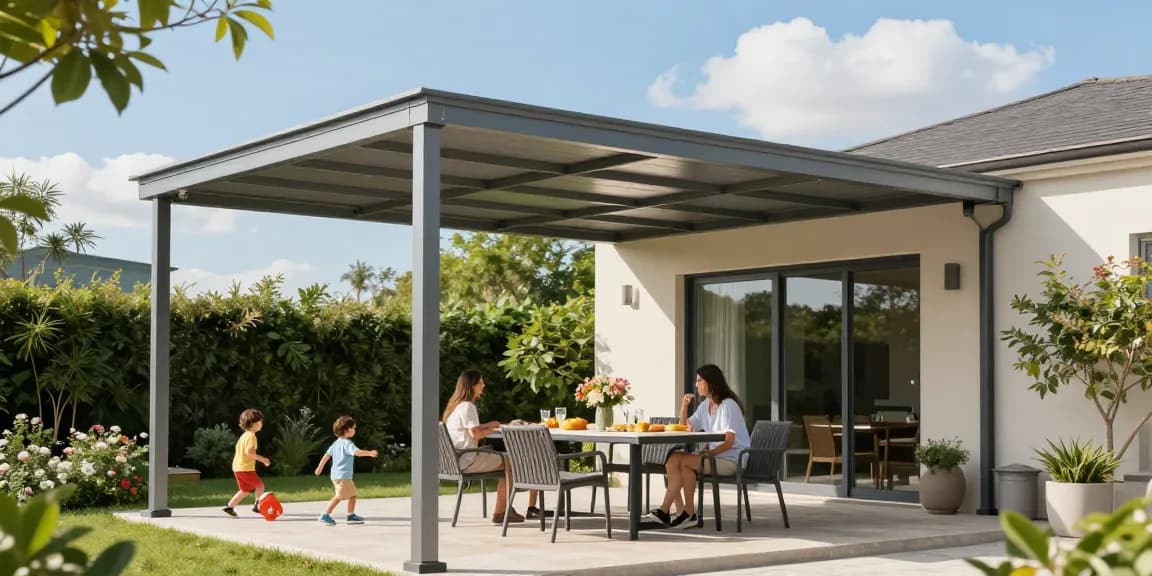 Moderne Terrassenüberdachung mit Familie auf sonniger Terrasse, ideal für entspanntes Beisammensein.