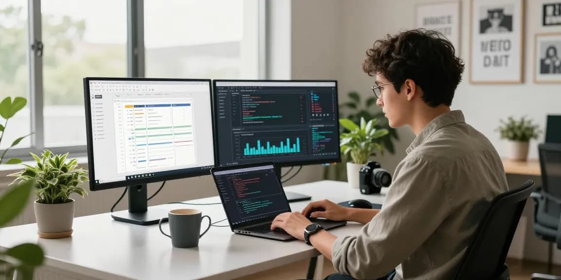 Build internal tools with AI in a modern office workspace showcasing coding, project management, and innovation.