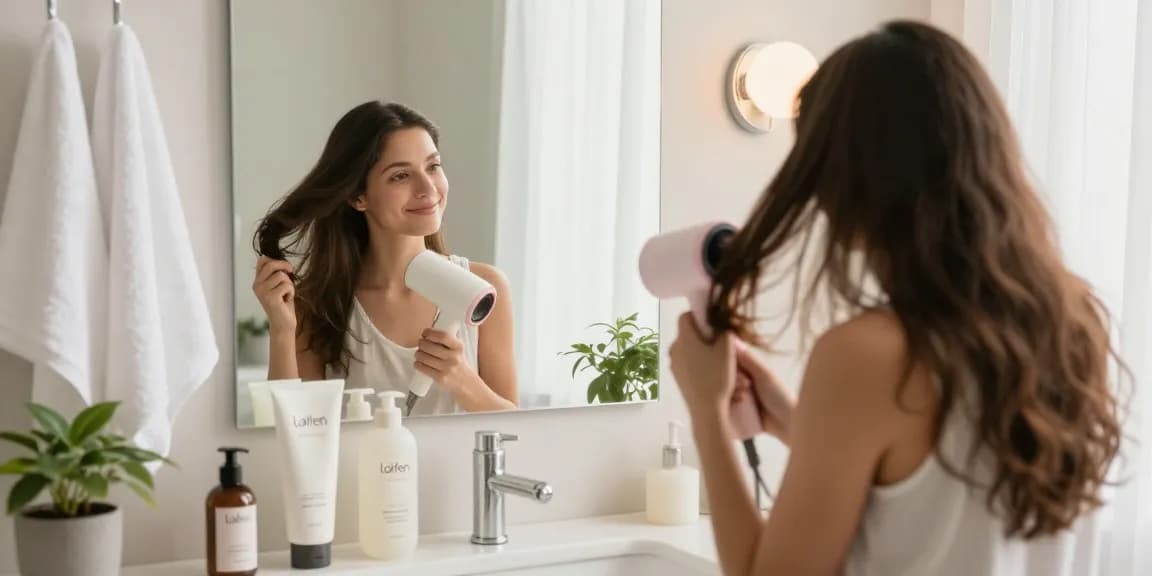 Der Laifen Föhn sorgt für glänzendes, gesundes Haar beim Frisieren im modernen Badezimmer.