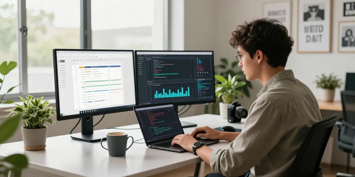 Build internal tools with AI in a modern office workspace showcasing coding, project management, and innovation.
