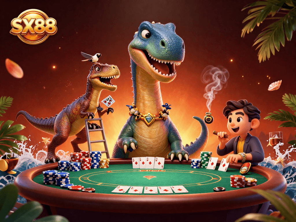 SX88 brings excitement to the table with a cartoon brontosaurus and raptor dealer amidst poker chaos.