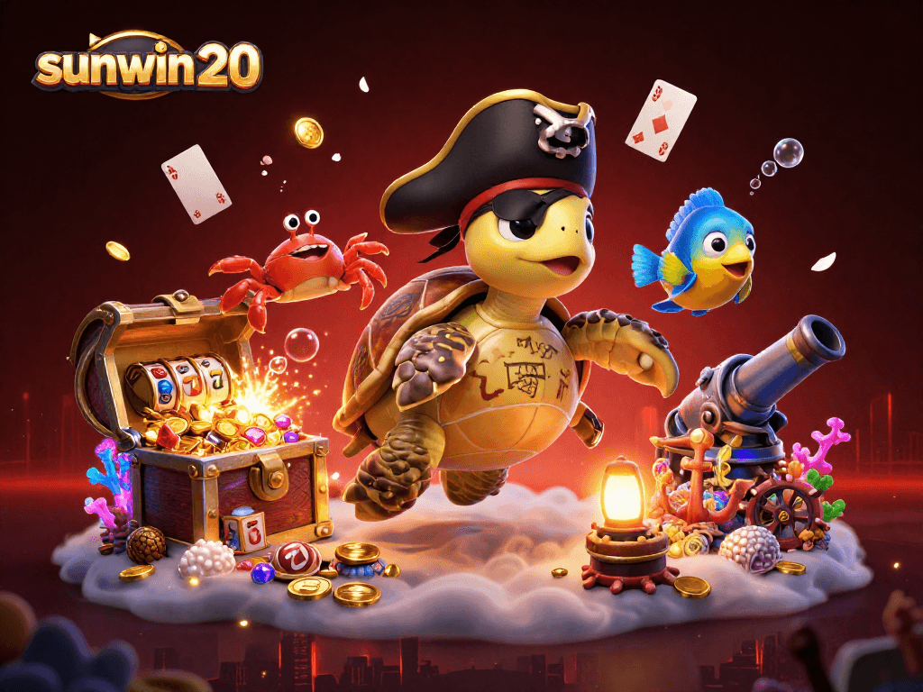Experience sunwin 20 with vibrant 3D casino characters and a treasure-filled underwater scene.