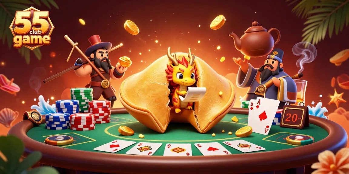 Engage in the thrilling 55 club game with a vibrant scene featuring a golden fortune cookie and poker elements.