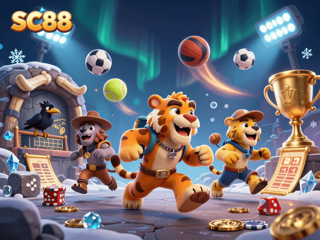 Experience the thrill of SC88 with a vibrant scene of 3D cartoon characters in a dynamic casino.
