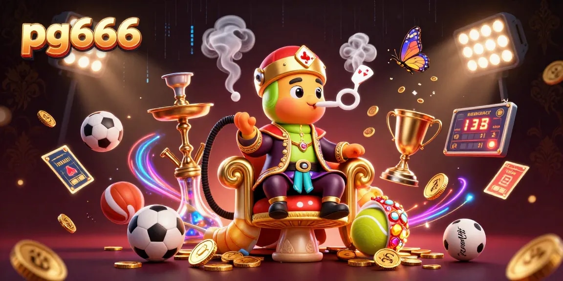 Experience pg666's dynamic gaming scene with a whimsical caterpillar master and vibrant casino elements.