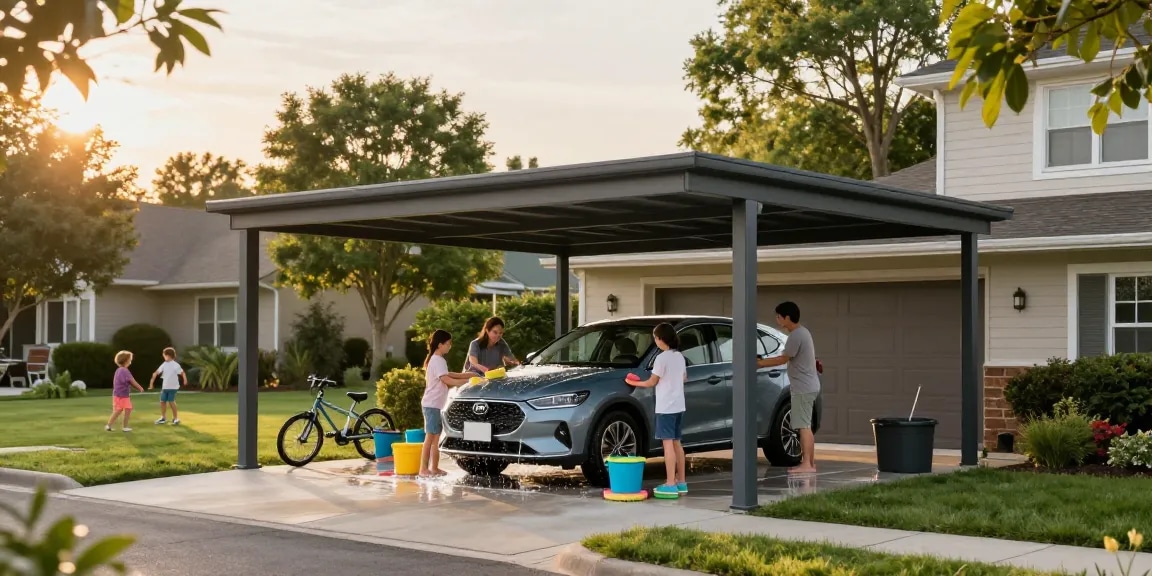 Moderne Carport-Szene mit Familie, die ihr Auto unter dem Schutz wäscht, während Kinder im Hintergrund spielen.