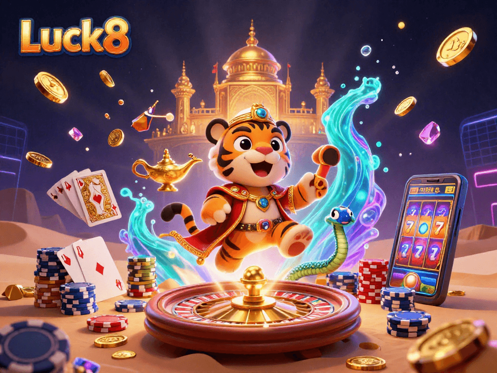 Experience Luck8's vibrant casino adventure with a luxurious sultan and magical elements.