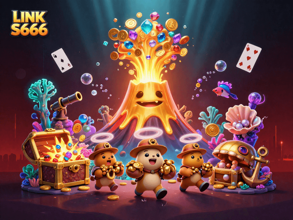 Discover winning moments with LINK S666 in this vibrant casino-themed 3D illustration.