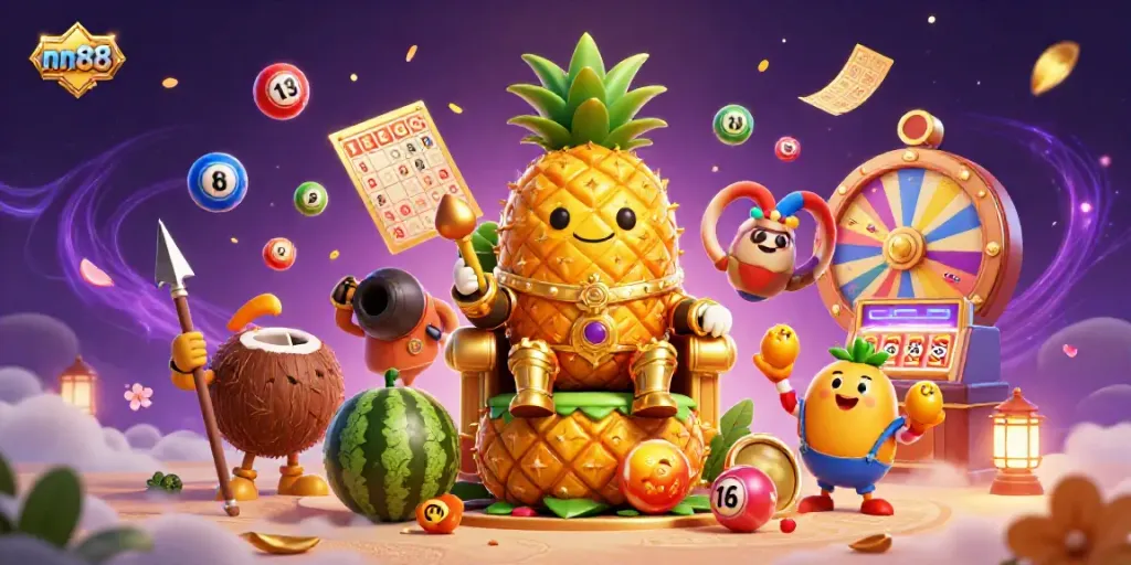 Experience the vibrant excitement of nn88 at a beach casino with a lively golden pineapple king and dynamic game elements.