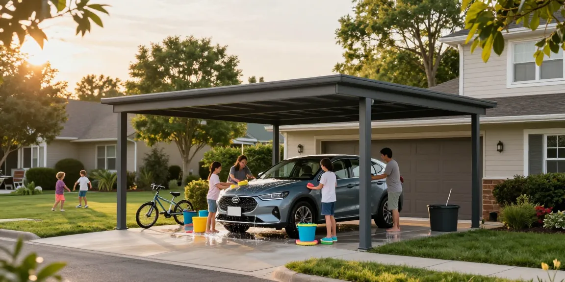 Moderne Carport-Szene mit Familie, die ihr Auto unter dem Schutz wäscht, während Kinder im Hintergrund spielen.