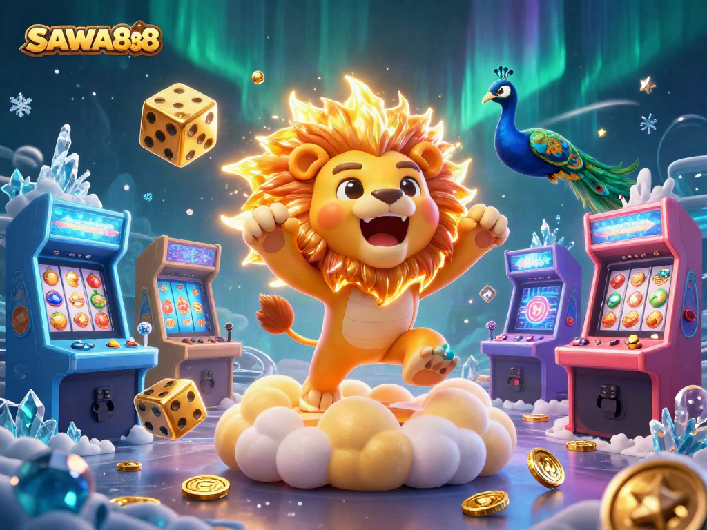 Engage with SAWA888's thrilling gaming atmosphere featuring vibrant slot machines and characters.