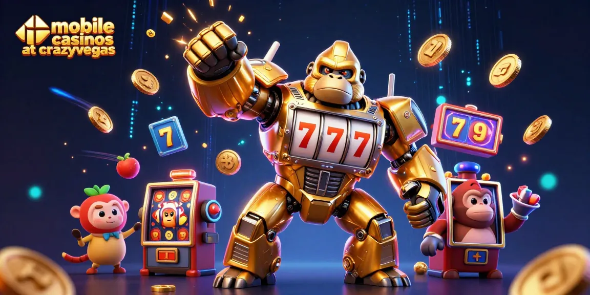 Experience the thrill of mobile casinos at crazyvegas with a dynamic 3D golden gorilla mech and slot symbols