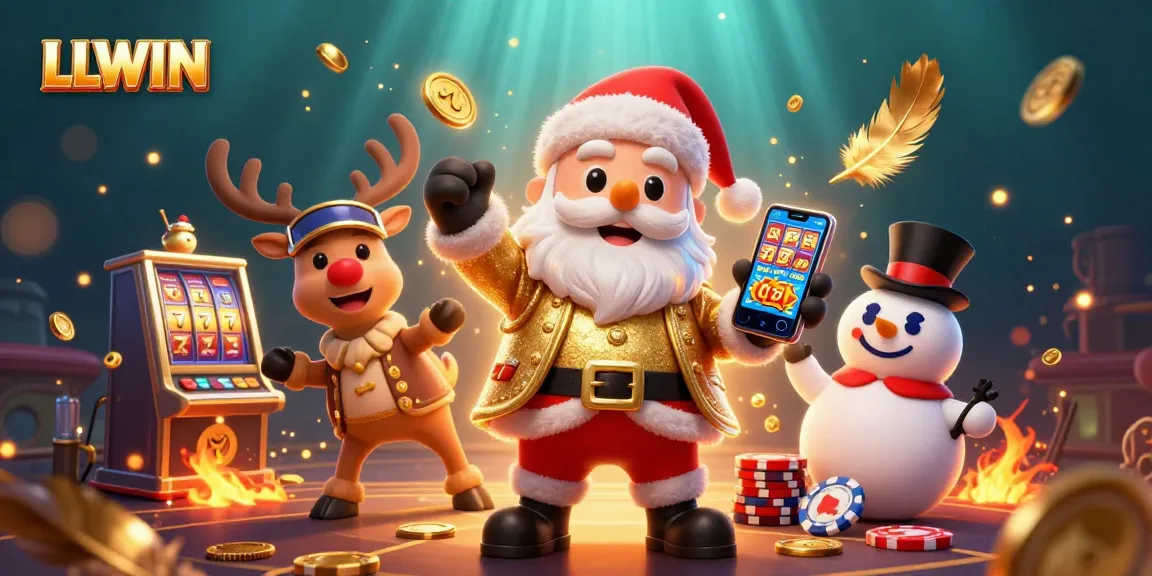 LLWIN offers an exciting casino experience with Santa and his companions amidst swirling slot reels and gold coins.