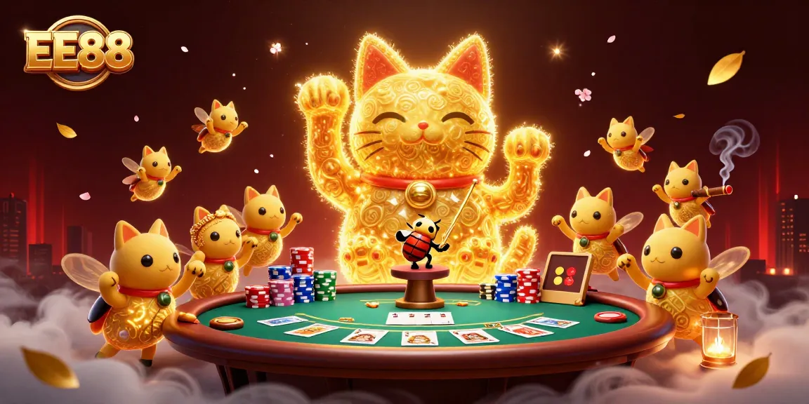 Experience the thrilling world of EE88 where a giant lucky cat and poker game elements merge in dazzling art.