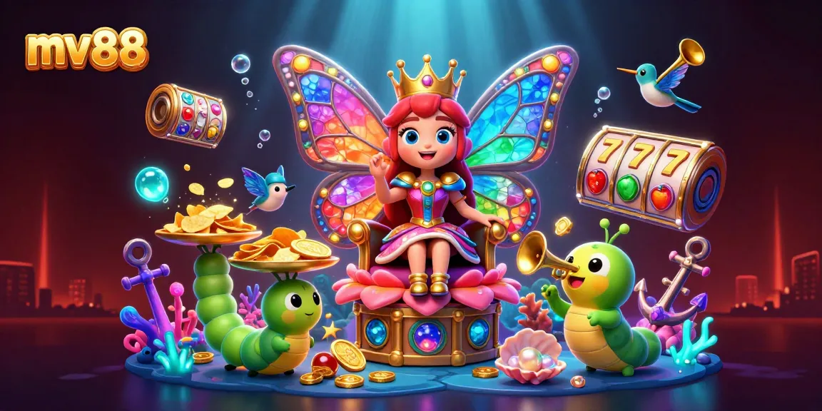 Experience the excitement of mv88 with a dazzling butterfly queen and slot game elements in a magical scene.
