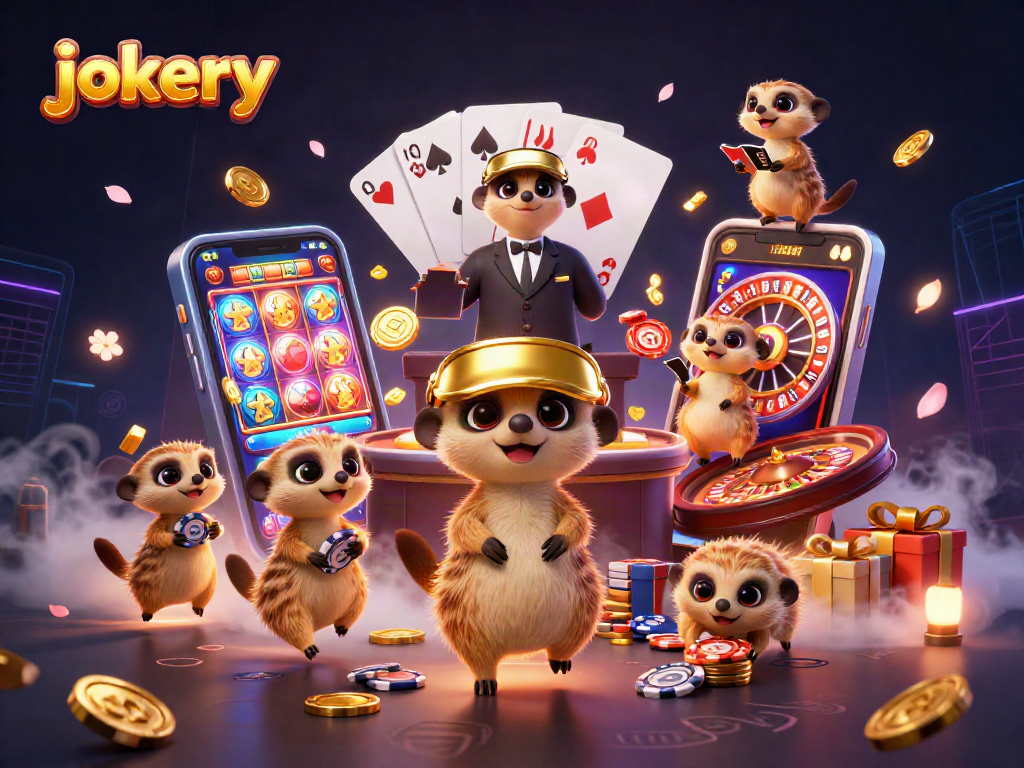 Engage with jokery's vibrant 3D meerkat casino, featuring energetic game elements and a dynamic scene.