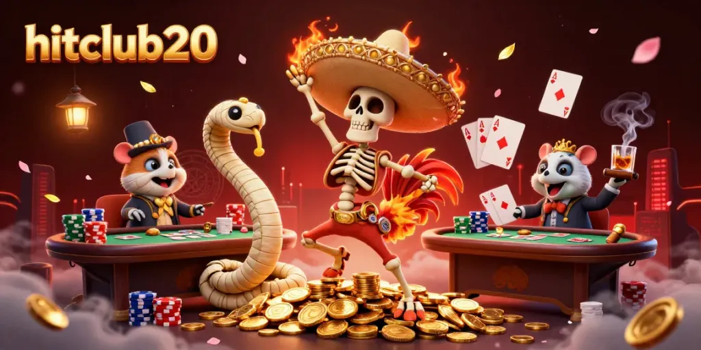 Experience the vibrant hitclub20 casino scene with detailed characters celebrating among golden coins and poker elements.