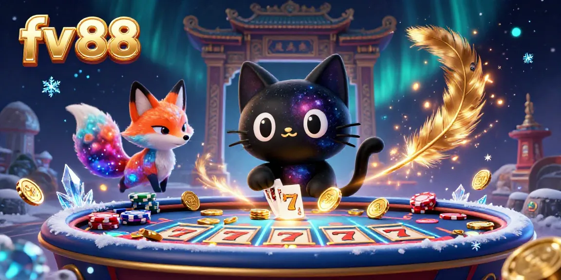 Engage in cosmic casino fun with fv 88, featuring a black hole cat and a nebula fox at a vibrant table.