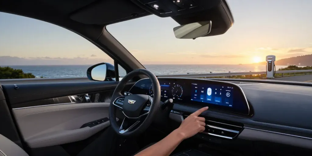 Cadillac Lyriq driving modes on display while parked overlooking the ocean, exploring whether the driving modes in the Cadillac Lyriq offer different ranges or battery usages.