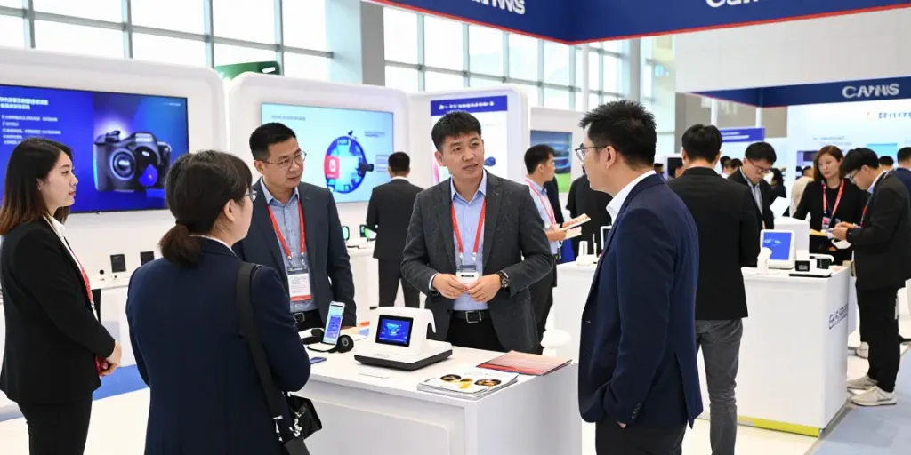 Exhibitor at trade show engaging with visitors showcasing innovative products for Aussteller