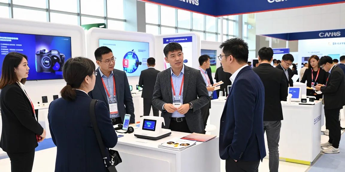 Exhibitor at trade show engaging with visitors showcasing innovative products for Aussteller
