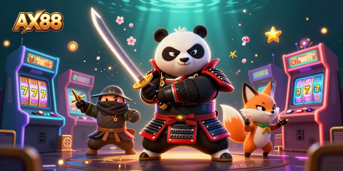 Engage in thrilling gameplay at AX88 with samurai panda and ninja fox amidst vibrant casino elements.