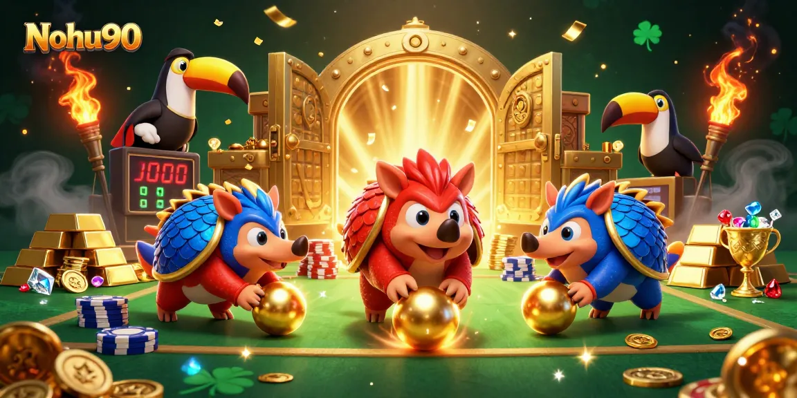 Nohu90 pangolins compete in a vibrant casino scene, rolling into golden balls surrounded by poker chips.