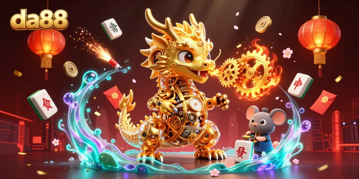da88 showcases a vibrant 3D scene featuring a golden dragon and charming elements of casino gaming.