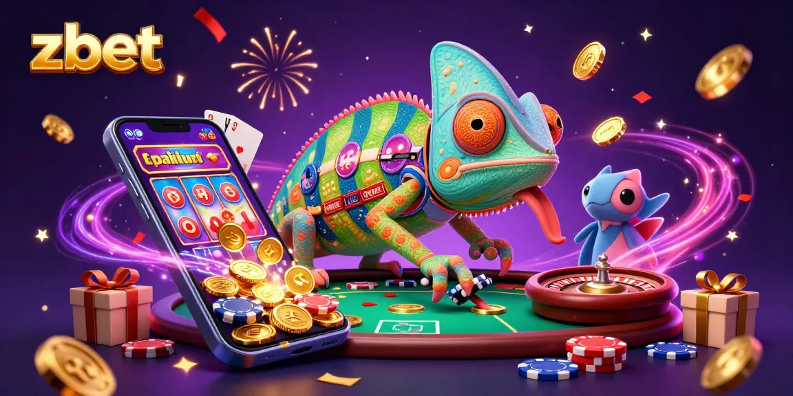 Experience exciting gameplay at zbet with a vibrant 3D chameleon casino owner amidst coins, games, and confetti!