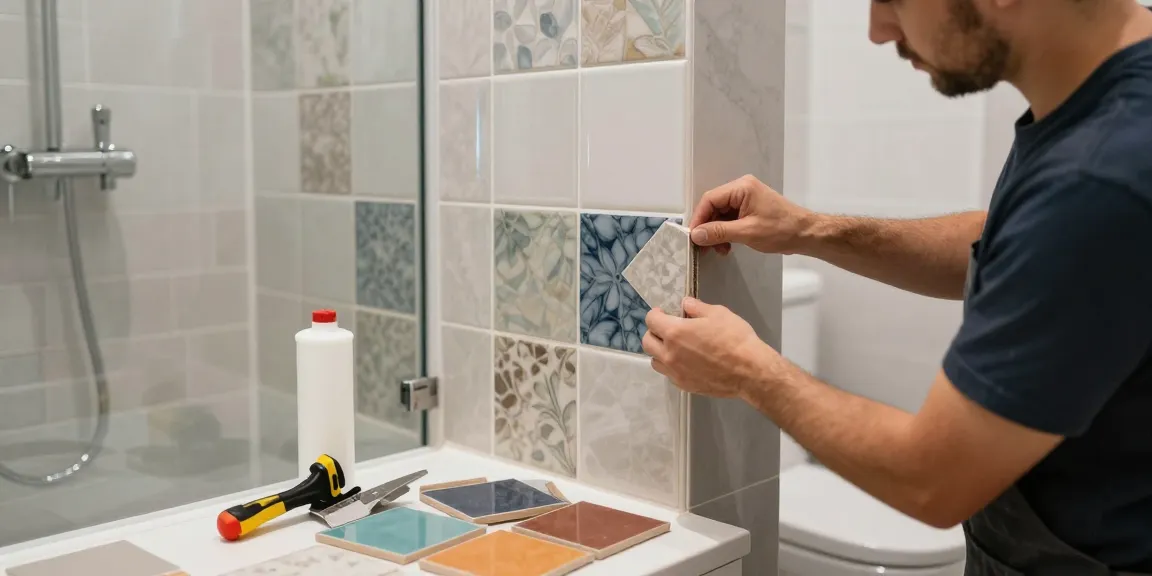 Professioneller Fliesenleger in Heidelberg und Umgebung verlegt stilvolle Badfliesen in modernem Badezimmer.
