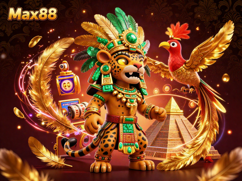 Experience Max88's vibrant casino atmosphere with a Mayan priest and quetzal bird amidst slot games and glowing elements.