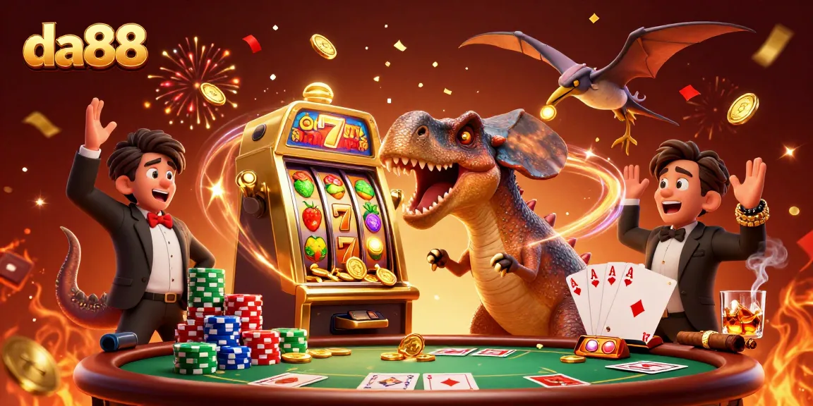 da88 generates a thrilling jackpot moment with cartoon dinosaurs at a golden slot machine.