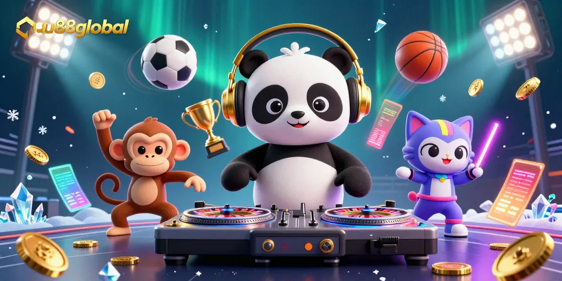 Engage with au88global's dynamic scene featuring a DJ panda, breakdancing monkey, and rave kitten in a vibrant casino setting.
