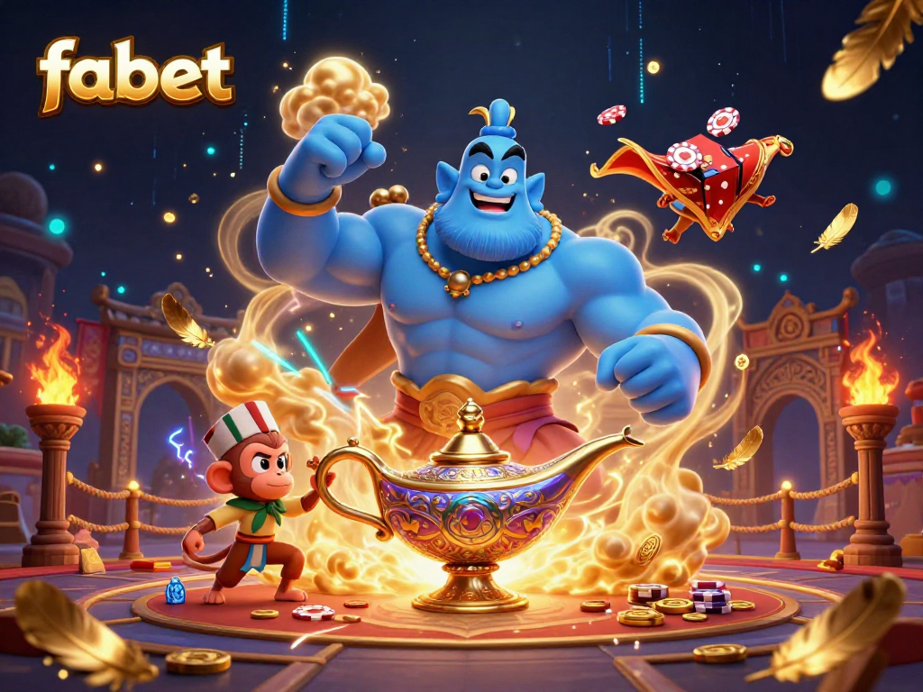 Win big at fabet with a playful genie and magical elements in this vibrant casino scene.