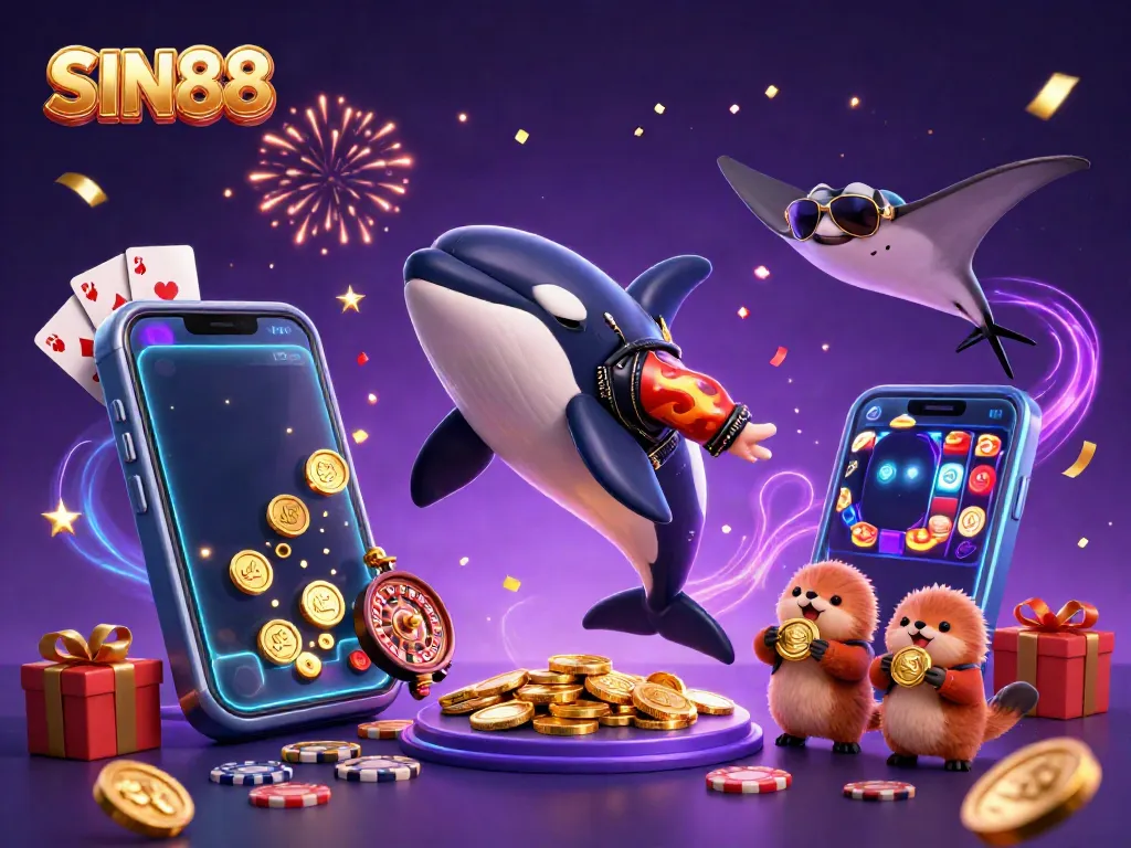 SIN88 orca and marine creatures celebrating with coins and vibrant casino games.