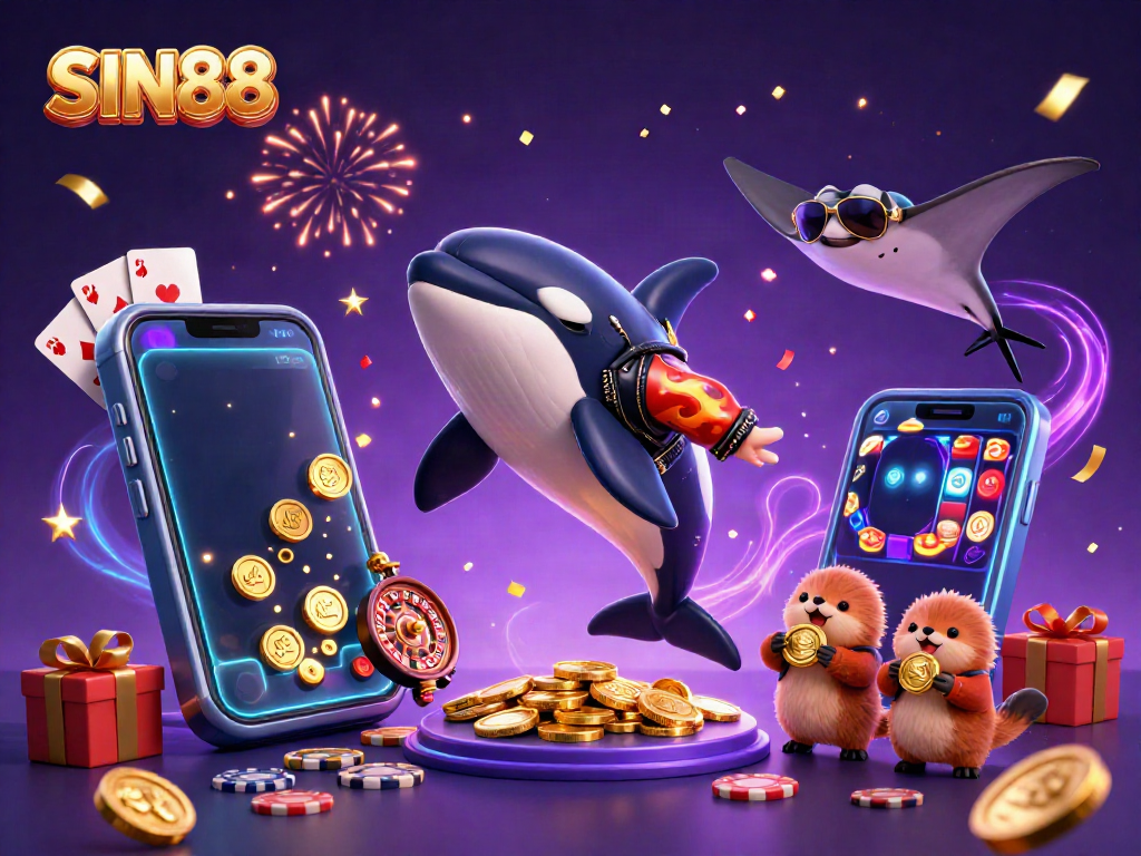 SIN88 orca and marine creatures celebrating with coins and vibrant casino games.