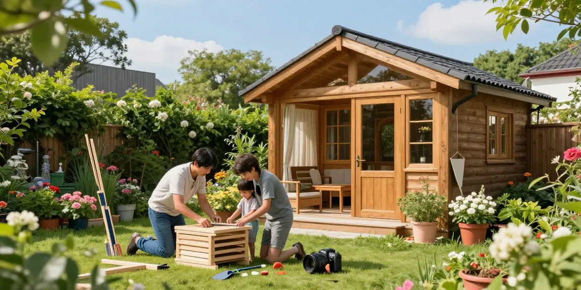 Gartenhaus Holz umgeben von Blumen und Familie beim Entspannen im Garten.