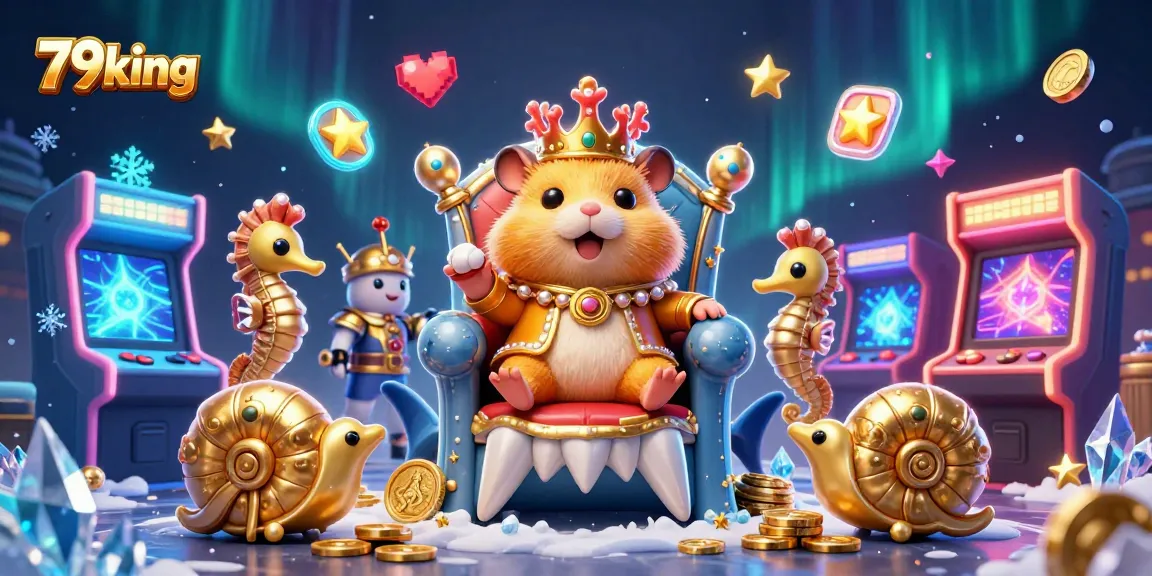 Experience thrilling entertainment at 79king with an exciting golden hamster king on a megalodon shark throne.