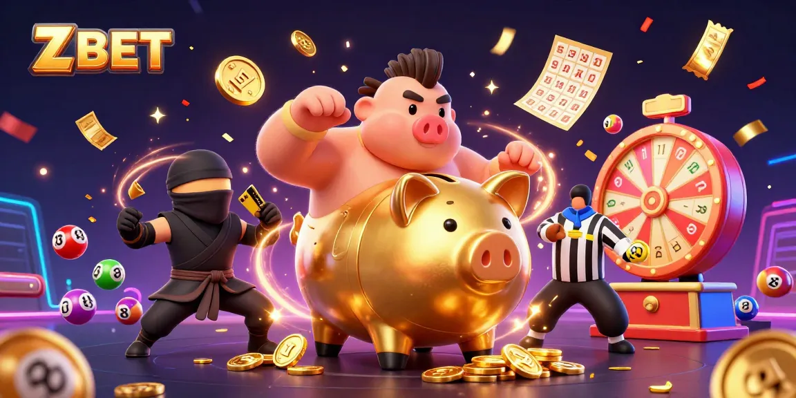 Experience winning moments at ZBET with vibrant lottery elements and engaging characters in a festive casino scene.