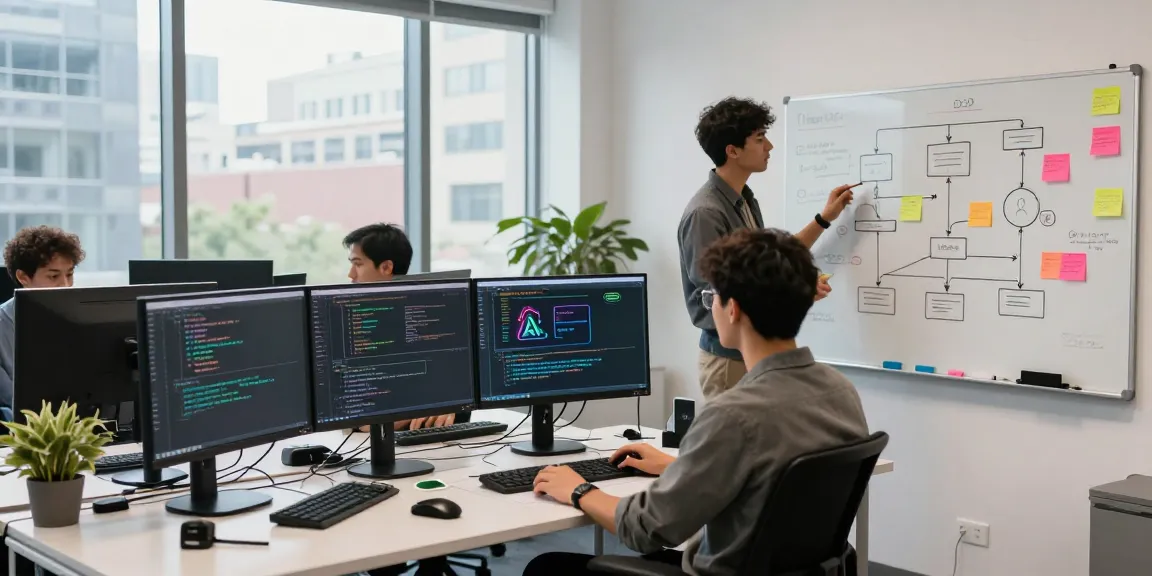 Team of developers collaborating on agentic AI systems in a modern tech workspace.