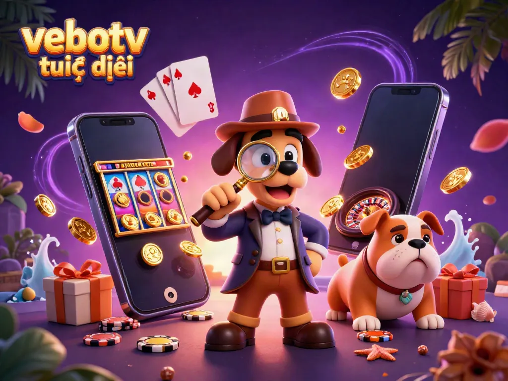 Engage in vebotv trực tiếp with 3D dog detectives uncovering golden poker chips and slot games.