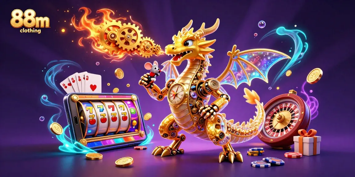 Spin the reels of excitement with 88m clothing's vibrant 3D slot game illustration, showcasing casino elements.