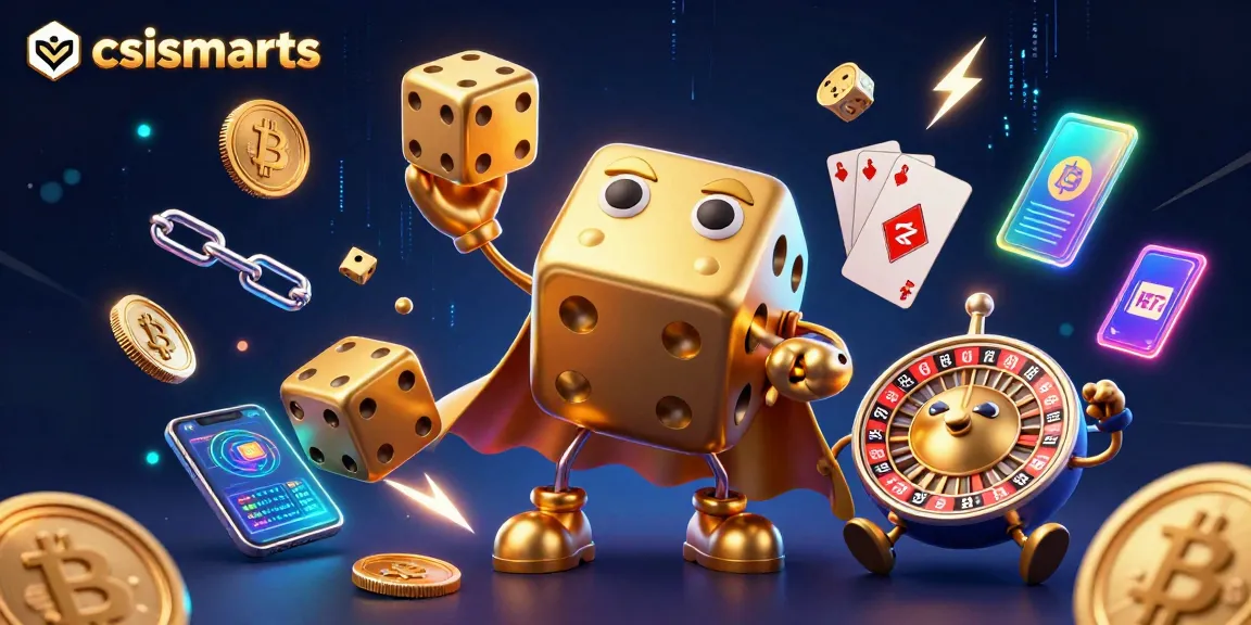 csismarts offers a vibrant 3D depiction of golden dice characters juggling in a crypto casino setting.